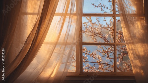Sunlit vintage window with sheer curtains blowing in spring breeze, blooming branches outside, soft golden light, film grain texture, calm nostalgic