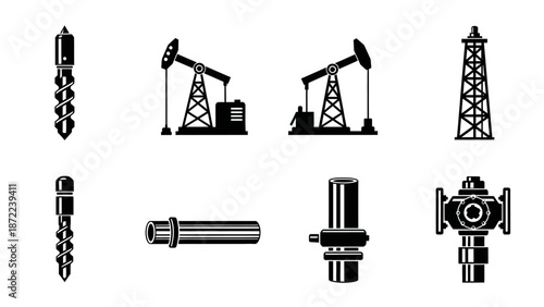 A collection of black and white icons illustrating various oil and gas industry equipment and structures, including drilling bits, pumpjacks, a rig tower, and wellhead components.