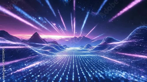 Futuristic landscape with glowing lines and starry sky, creating a sense of digital connection.