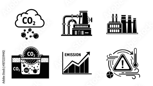 A collection of black and white icons illustrating industrial CO2 emissions, carbon capture, rising emissions graphs, and climate change warnings.