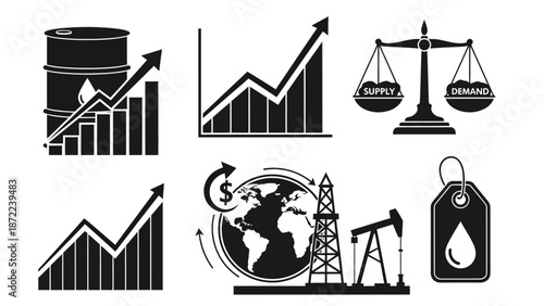Monochromatic icons illustrating global oil industry economics, including supply, demand, price trends, production, and energy costs.