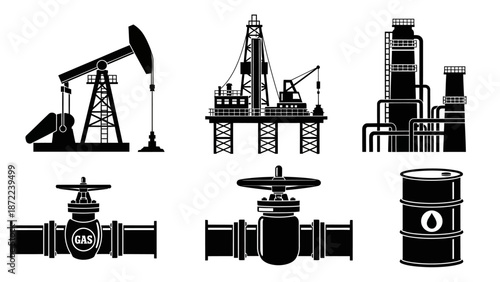 Black and white vector icons illustrating oil and gas industry equipment for extraction, refining, and transportation.