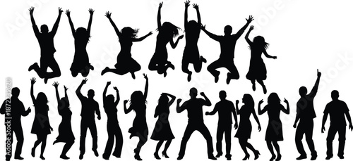 Jumping party people silhouettes celebrating together with raised hands, energetic dancing crowd isolated on white background for festival, music, nightlife