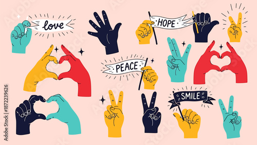 Vibrant hands forming symbols of love peace and hope