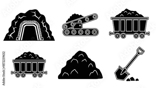 Set of black and white icons illustrating various elements of coal mining, including a mine entrance, conveyor belt, mining carts, coal piles, and a shovel.