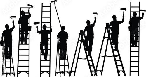 House painting worker silhouettes, renovation and maintenance crew on ladders, wall painting tools, construction job, home improvement illustration set