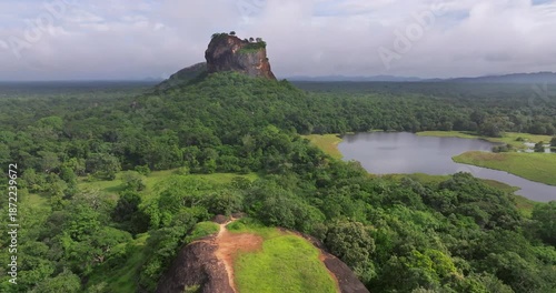 Aerial View of Sigiriya Lion Rock and Lake Surrounded by Tropical Jungle, Sri Lanka
