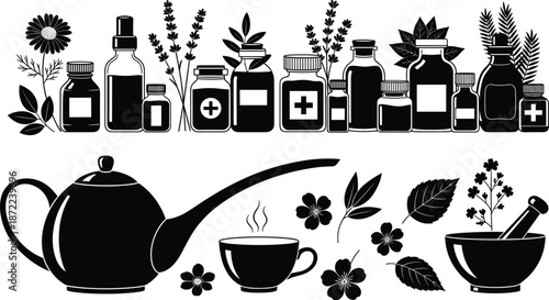 Black Silhouettes of Herbal Medicine Bottles Apothecary Jars Essential Oils Tea Pot and Mortar with Pestle for Natural Wellness Holistic Therapy Design