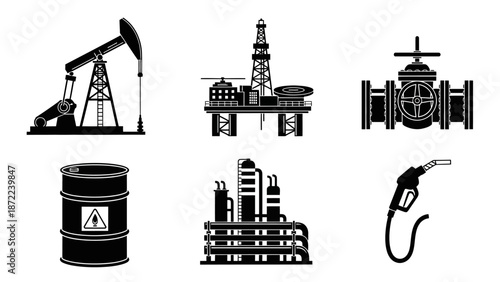 Collection of black and white icons representing the petroleum industry, including an oil pumpjack, offshore rig, refinery, barrel, valve, and fuel nozzle.