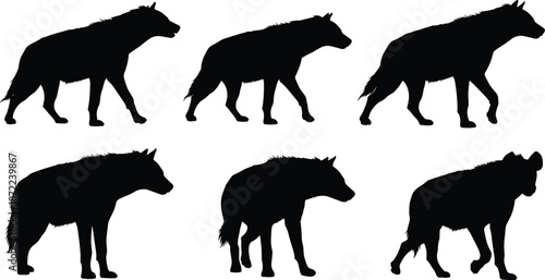 Hyena silhouette collection, wild African predator walking poses, dangerous carnivore animal icons, black wildlife illustration set, nature design