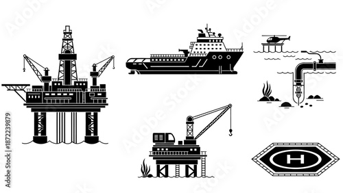 Stylized black and white vector icons illustrating the offshore oil and gas industry, featuring drilling platforms, supply vessels, and extraction infrastructure.