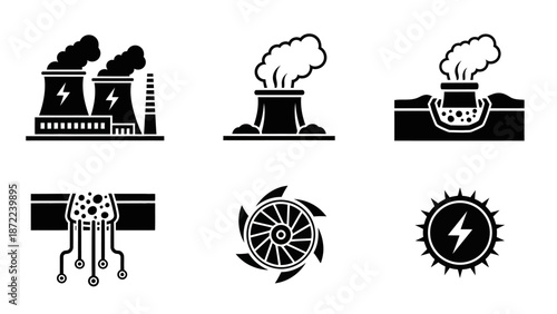 Collection of black and white vector icons representing industrial energy production, pollution, and renewable power sources.