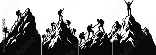 Black Silhouette of Mountain Climbers Hiking and Reaching Summit Together Isolated on White Background for Success and Teamwork Concept Art