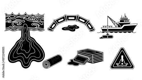 Set of black and white icons illustrating marine oil spills, environmental pollution, containment booms, cleanup materials, and a warning sign.