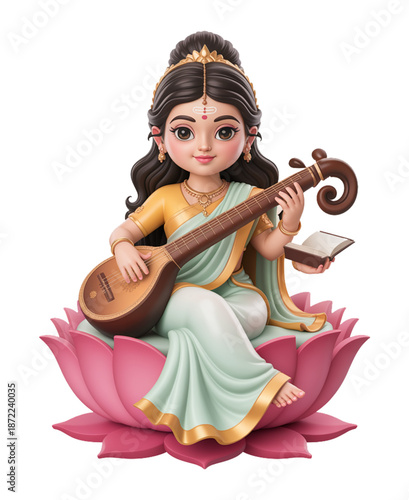 3D Beautiful Saraswati Idol with Veena and Sacred Book for Worship and Wisdom