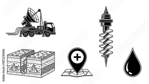 Monochrome icons illustrating earth science concepts: mobile radar, geological fault, drilling equipment, map location, and a liquid drop.