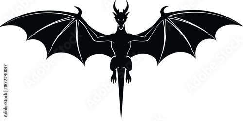 Black Vector Silhouette of a Mythical Flying Dragon with Large Spread Wings Isolated on White Background for Fantasy Design Concepts
