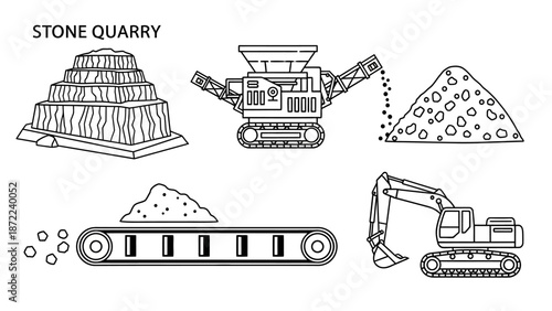 Line art illustration depicting the stone quarrying process, showcasing rock extraction, crushing machinery, material piles, and conveyor belts.
