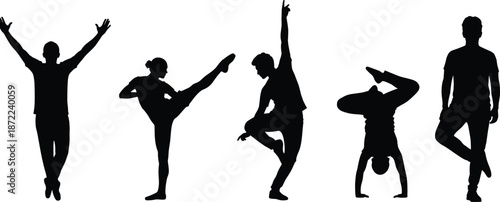 Martial arts dancer silhouettes, acrobat yoga poses, dynamic male movement, athletic training collection, modern fitness choreography, powerful body balance isolated white