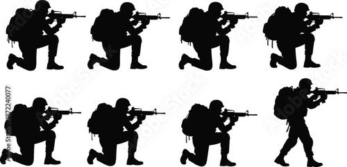 Military soldier silhouettes aiming rifles, tactical combat poses, armed forces action scene, special operations training, black war illustration set