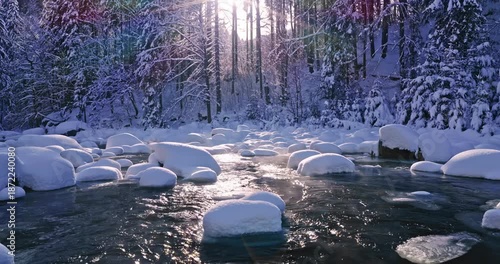 Peaceful flight over a snow-covered alpine stream. Flowing icy water, frozen rocks, and fresh snow create a calm winter atmosphere ideal for relaxation, meditation, and nature visuals.