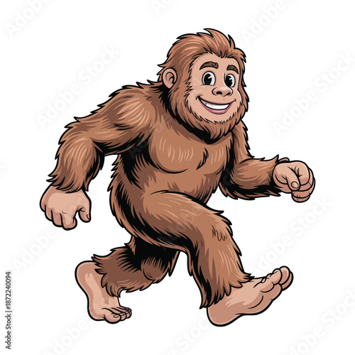 A cheerful cartoon bigfoot walking forward with a friendly expression showcasing brown fur and a playful whimsical illustration style suitable for children.