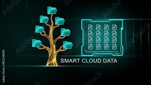 Digital Tree of Folders Connected to Futuristic Data Matrix with Glowing Neon Lines and Text SMARTCLOUDATA