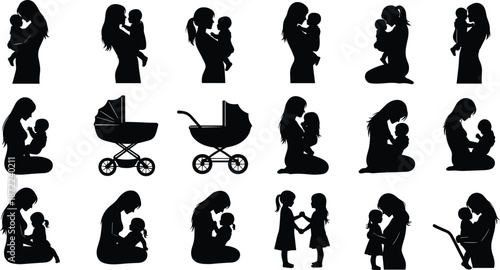 Mother and baby silhouettes, maternal love moments, caring parenting poses, woman holding child, stroller icons, family bonding illustration, motherhood concept