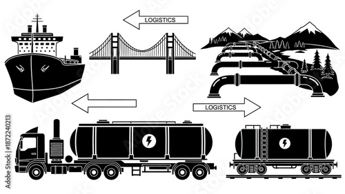 Monochromatic illustration detailing the complex network of global energy logistics, featuring a cargo ship, suspension bridge, industrial pipelines, tanker ...