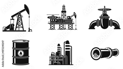 Monochrome vector icons illustrating key components of the petroleum and natural gas extraction, processing, and transport industry.