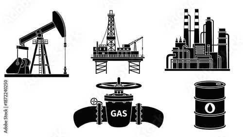 Black and white icons of oil and gas industry equipment including a pumpjack, offshore rig, refinery, gas valve, and oil barrel.