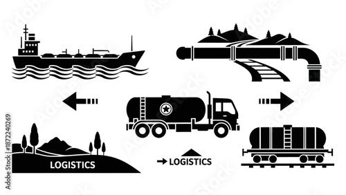 Comprehensive diagram illustrating multimodal freight transportation, supply chain management, and global logistics operations.