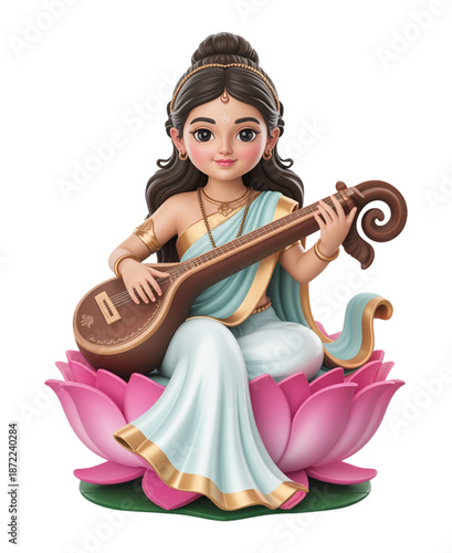 3D Artistic Saraswati Statue Holding Veena with Lotus Blossom in Peaceful Pose
