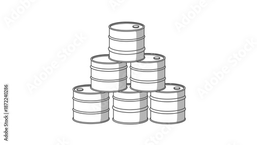 Six industrial storage barrels are neatly stacked in a stable pyramid formation.