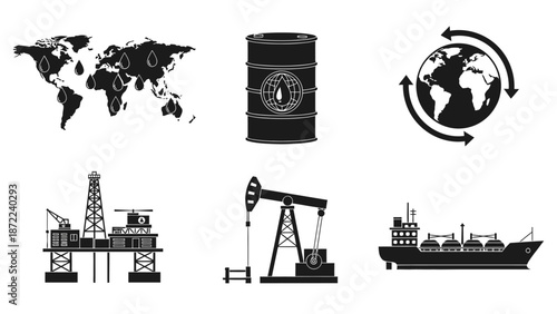 A comprehensive set of monochrome icons illustrating the global oil and gas industry, from extraction to transport.