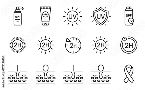 Sunscreen application and skin barrier protection science abstract icons