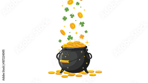 Black cauldron filled with gold coins under a rain of clovers and coins to celebrate Saint Patrick Day good luck.