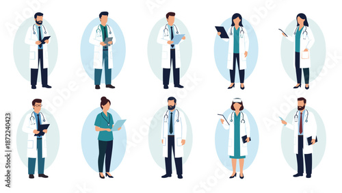 Diverse set of male and female medical professionals including doctors and nurses in white lab coats and scrubs with stethoscopes.