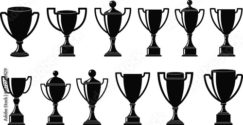 Trophy cup silhouettes, winner award icons, championship prize collection, black victory symbols, sports competition trophies, success achievement vector set