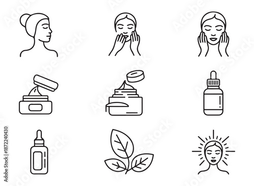 Skincare cosmetic product, beauty woman face with clean fresh skin and natural organic ingredient leaf