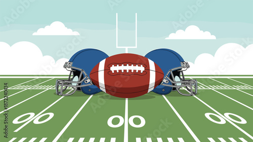 American football field with a ball and two blue helmets in the foreground under a cloudy sky during a sports match.