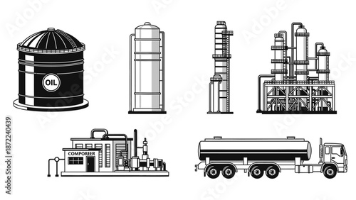 Black and white illustrations depicting various oil and gas industry elements, including storage tanks, refinery towers, a processing plant, and a fuel tanker truck.