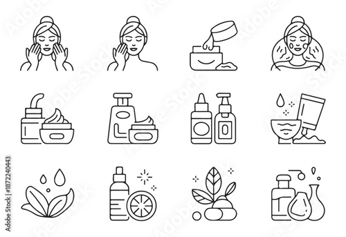 Beauty cosmetic icons set showing face care steps and ingredients application packaging treatment routine outline symbol collection