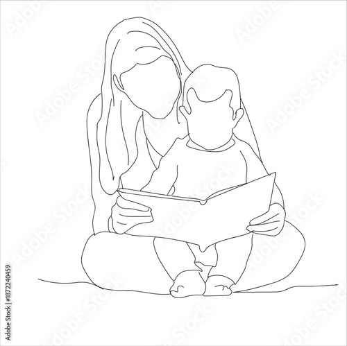 mother accompanies child while reading. line art