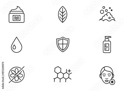 Skincare ingredients and cosmetic products icons set showing chemical formula natural leaf shield protection drop foam vector symbols
