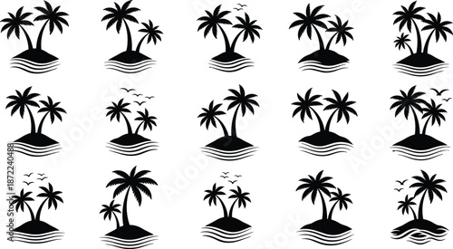 Tropical island palm tree silhouettes, summer beach landscape icons, ocean waves and birds, paradise vacation, exotic travel nature illustration set