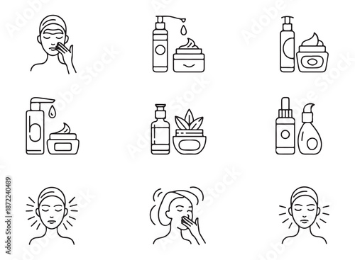 Beauty and dermatology icons set showing moisturizing cream lotion serum packaging woman applying product facial treatment outline symbols