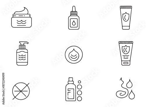 Cosmetic packaging and skincare product line icons including serum dropper bottle pump dispenser and moisturizing jar