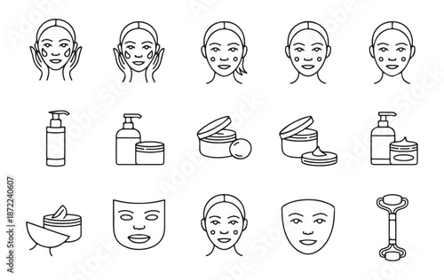 Beauty face skin care procedure treatment line icons set isolated on white background. vector illustration woman applying cosmetic product