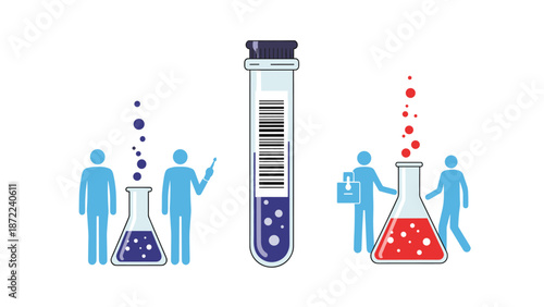 Scientists working with test tubes and flasks in a laboratory to perform chemical analysis and medical research for new discoveries.